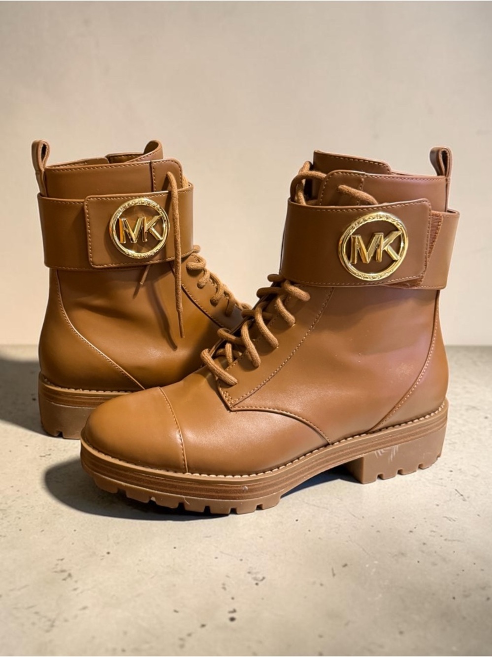 Michael Kors Cognac Leather Lace-Up Combat Boots with Gold MK Emblem